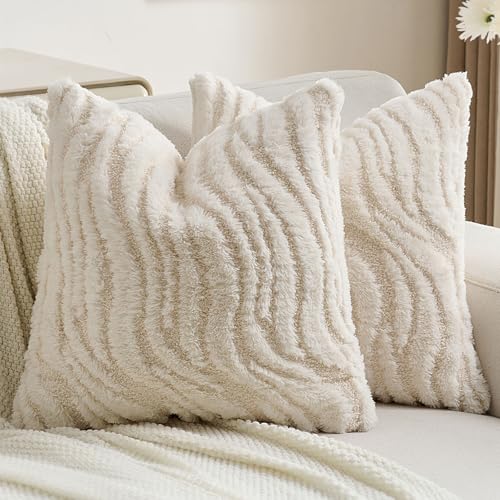 FUTEI Cream Decorative Throw Pillow Covers 24x24 Inch Set of 2,Soft Faux Fur Geometric Shapes Texture European Cushion Case,Boho Home Decor for Couch Bed Living Room