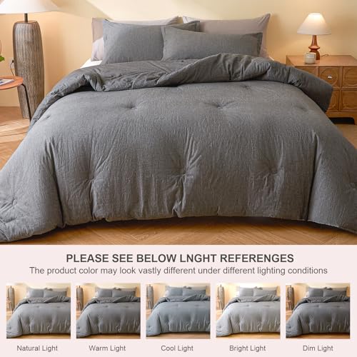 Image of 100% Cotton Comforter Set King Size - Reversible Yarn-Dyed Design, Soft Washed Cotton on Both Sides, Lightweight All-Season Bedding, Machine Washable(Black Grey, 104 inchx90 inch)