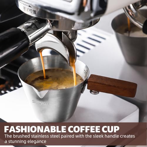 Image of Supvox 120ml Espresso Coffee Cup Brushed Stainless Steel Measuring Cup with Wooden Handle Easy Pouring V-Nozzle Design Kitchen Measuring Small Oil Pot