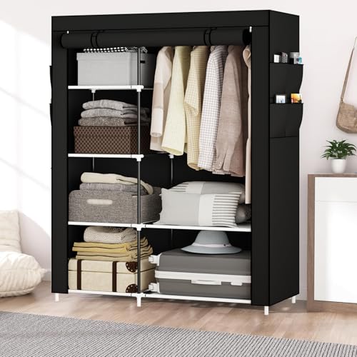 Image of OPPAIYA Canvas Wardrobe for Bedroom, Fabric wardrobes carries five storage boxes, one hanging rail and four side pockets, 105 x 45 x 165 cm, Pop up wardrobe, Great temporary wardrobes for bedroom