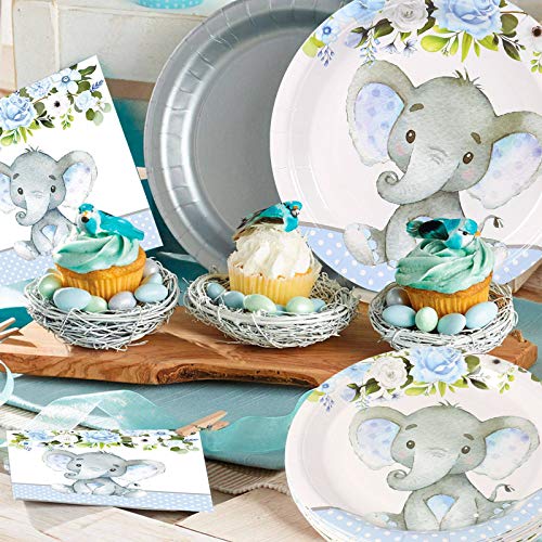 Elephant Baby Shower | Serves 24 | Blue Elephant Party Supplies Decorations | Elephant Baby Shower Or Birthday For Little Boy | Dinner Plates, Dessert Plates, Cups, Straws And Napkins #TOP5