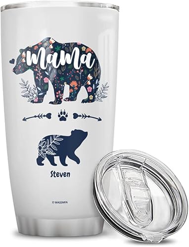WASSMIN Vaso personalizado de acero inoxidable con tapa, de 20 onzas, 30 onzas, doble pared aislada al vacío, de 20 onzas, mamá oso, regalos de