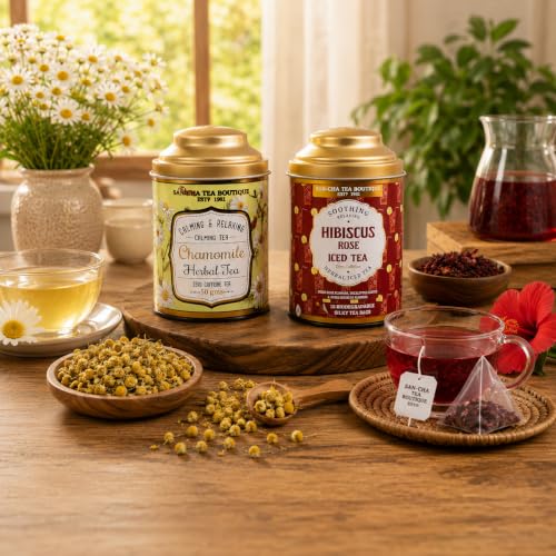 Image of Sancha Tea Boutique, Tea Combo Pack: Chamomile Herbal (50g) & Hibiscus Rose Iced (15 Pyramid Bags), Caffeine-Free Herbal Tisanes, No Added Sugar, Refreshing Floral Iced Drink