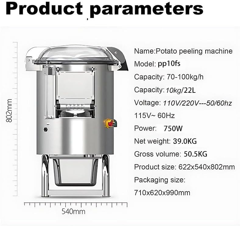 Heavy Duty Automatic Potato & Vegetable Peeler - High Capacity 70-100kg/h, 550W/750W Power Options for Restaurants & Catering, 5kg/12L & 10kg/22L Sizes