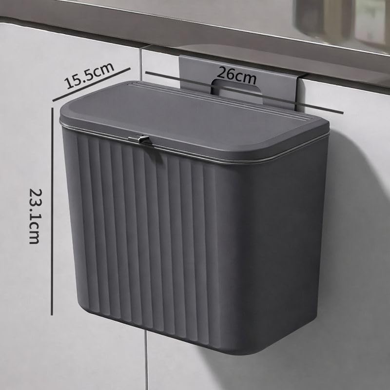 Image of JD FRESH 7 Liters Plastic Hanging Kitchen Trash Can with Lid /Double Side Open Lid Design with Kitchen Cabinet Door Hanging Wall Garbage Bin /Under Sink Storage Dustbin for Kitchen & Bathroom (Grey)