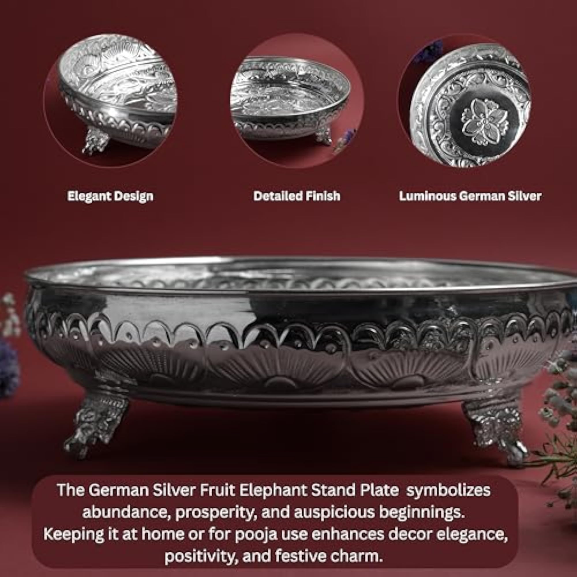 Fruit Elephant Stand Plate for Pooja, Silver Finish Decorative Tray