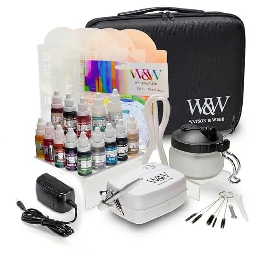 Watson & Webb Airbrush-Kuchen-Dekorier-Set mit 13 Farben, Schablone, Airbrush-Reinigungslösung und Topf, Reinigungsbürsten, Farbkarte etc.