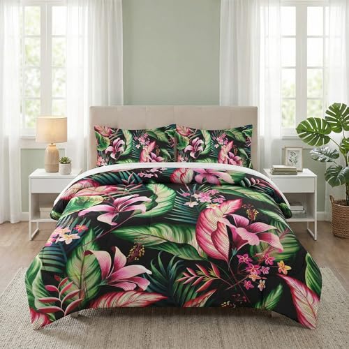 WeCozy King Size Comforter Set with 2 Pillowcases, Tropical Leaves Flower Hibiscus Soft 3 Pcs Bedding for Kids and Adults Bedroom Bed Decor