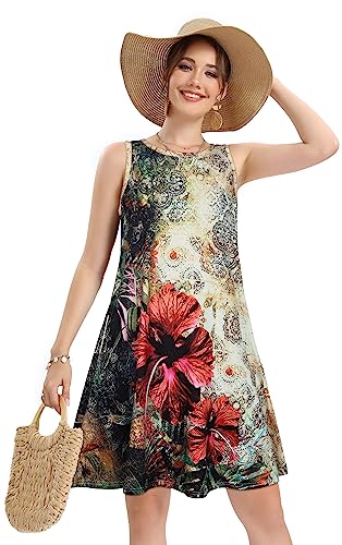 Image of elescat Women's Summer Dresses 2026 Beach Casual Sleeveless Floral Print Tank Loose Sundress with Pocket