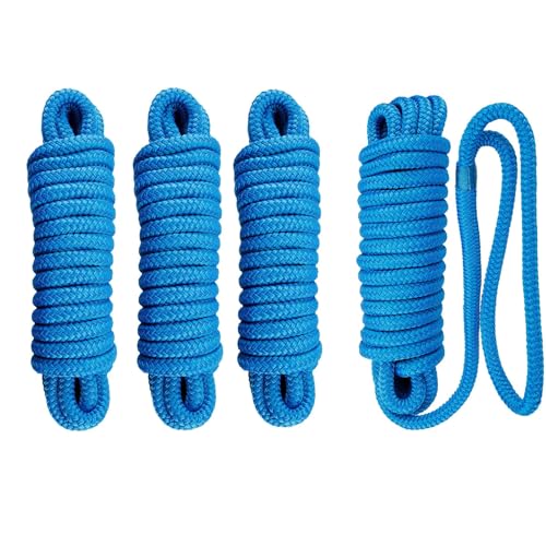 BOOMSTART 4 Stück Boot Seil 12 mm Festmacherleine mit Auge Nylon Doppelt Geflochten Fenderseil Dock Linien Ø 12 mm, L: 6.1 m, Auge 30.48 cm, Bruchlast: 2240 kg, Blau