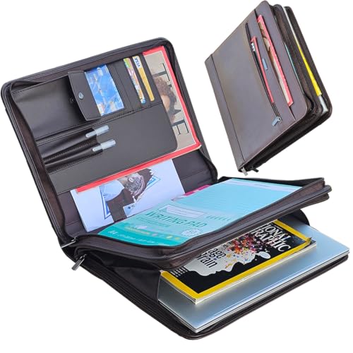 14" Laptop Briefcase, Vegan Leather Portfolio with Zipper Compartments x 2, A4 Papers Holder Padfolio Organizer, Brown