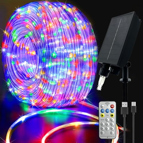 Manguera de luz solar exterior, 20 m, 200 LED, resistente a la intemperie, 8 modos de iluminación, RGB cadena de luces para exteriores con mando a distancia, piscina, cama elástica (multicolor)