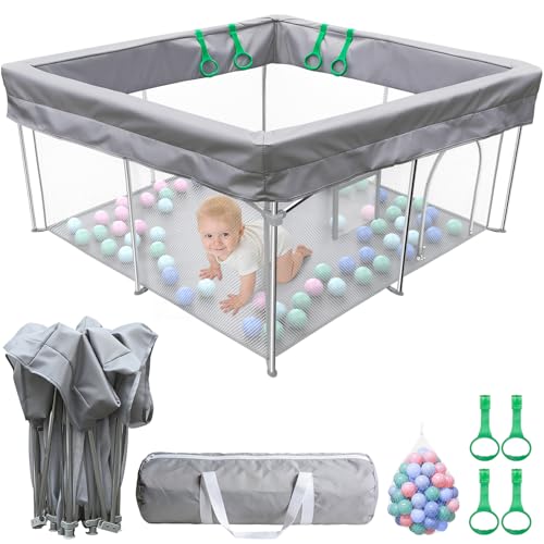 Desque Foldable Baby Playpen, 50"×50" Collapsible Play Yard for Babies and Toddlers, No Assembly Required, Kids Safety Play Area with 4 Handles, 50 Balls and Visible Mesh, Grey