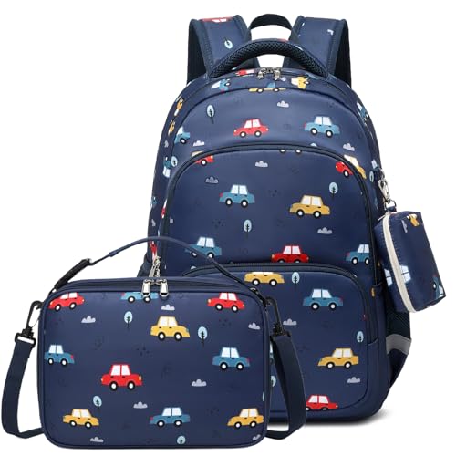 mygreen 3PCS Kids Backpack Set - Waterproof Bookbag with Lunch Box for Boys Ages 3-12, Adorable Cartoon Prints for School & Outdoor Use Dark Blue Cars