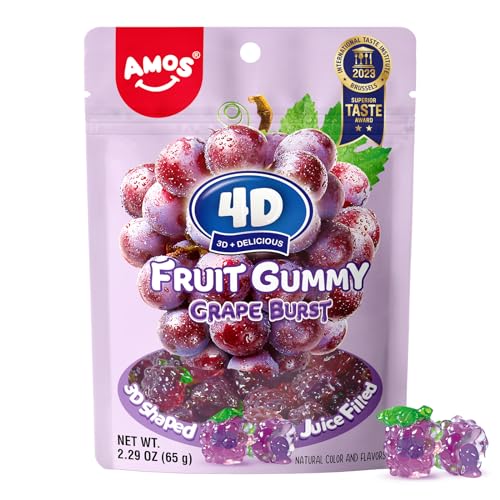 Amos 4D Gummy Grape Burst, Caramelos Gominolas con Relleno de Uva, Bocadillos Frutales con Sabor Natural, Bolsa de 65g (Paquete de 3)