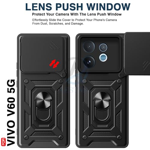 Image of AESTMO Tough Armor Vivo V60 / V60e / T4 Pro 5G Bumper Back Case Cover | Ring Holder & Sliding Camera Shield Cover | 360 Degree Protection Back Case Cover for Vivo V60 / V60e / T4 Pro 5G (Black)