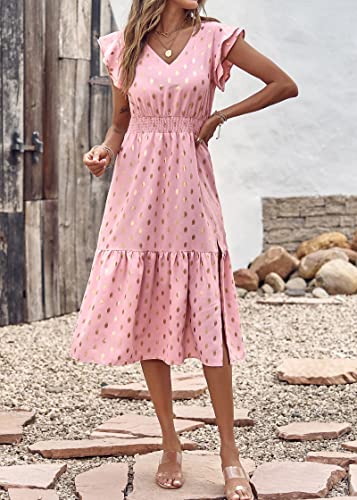 Kirundo Women Summer Polka Dot Ruffle Sleeveless V Neck Flowy Midi Dress Elegant Split A Line Beach Party Cocktail Dresses(Dot-Pink, Large) #TOP2