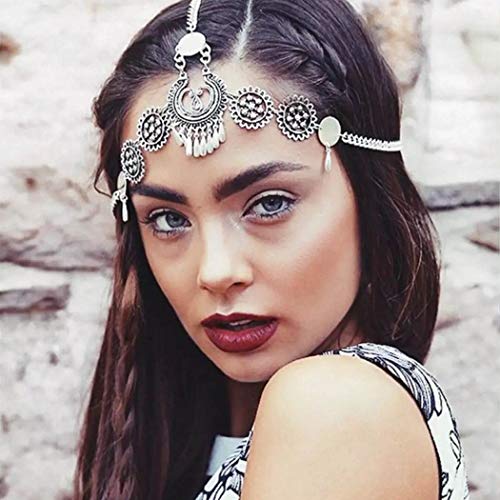 Catery Bohemian Vintage Head chain Jewelry Silver Tassels Headdress Retro Headbands Head Bands Water Drop Headpiece Wedding Hair Accessories for Women and Girls