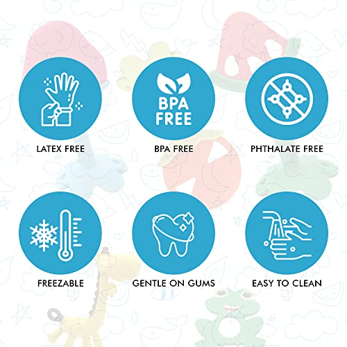 Image of Gadgetime USA Silicone Baby Teether (Pack of 5) - Animal Toys for Babies, Toddlers, Girls & Boys - Stimulating & Soft Soothing - BPA Free - Assorted Colors