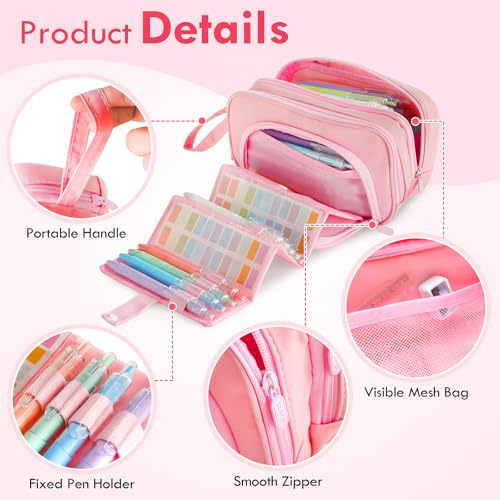 Image of Large Capacity Pencil Case with Pull-out Structure - Multifunctional Extra Big Pencil Pouch Pen bag, Portable Stationery Organizer with Zipper, College Office School Supplies for Girls, Pink