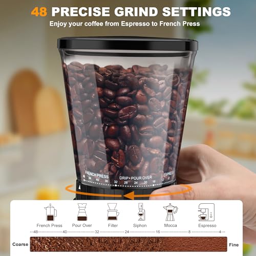Image of Electric Conical Burr Coffee Grinder with 48 Grind Settings, 35s Timer, Detachable 48-51mm Portafilter Holder, Anti-Static, Low Noise for Home Espresso, Drip, French Press (Black)