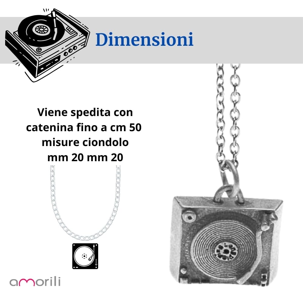 Collana Uomo Donna con Giradischi Vintage – Ciondolo in Argento 925 Invecchiato – Idea Regalo Amanti Musica Vinile Rock Retro - cln0188