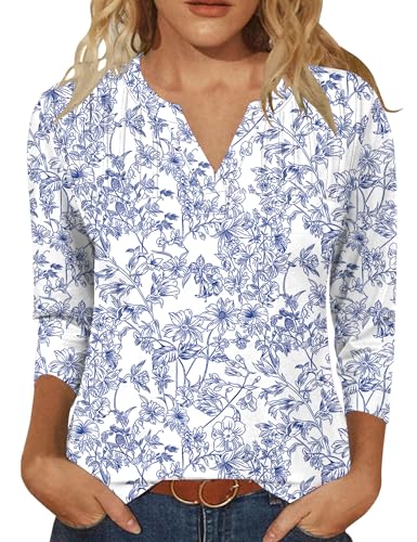 LOMON Women's 3/4 Length Sleeve Tops V Neck Dressy Casual Blouses Fashion Pleated Tunic Shirts Summer Fall 2025