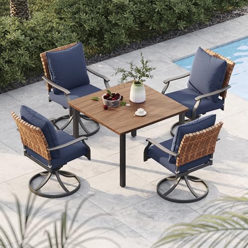 Grand patio 5-Piece Outdoor Dining Set, 4 Leather-Look Wicker Swivel Blue Patio Chairs & 1 Square Woodgrain Dining Table, Brown 5 Pieces+Brown Square