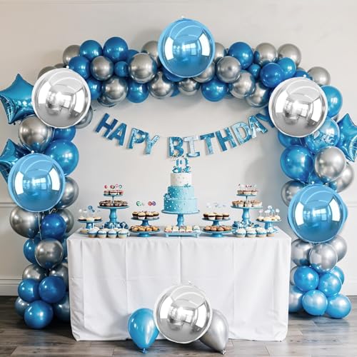 Image of Blue Silver Round Foil Balloons Birthday Prom Decor 22 Inch 6 Pcs