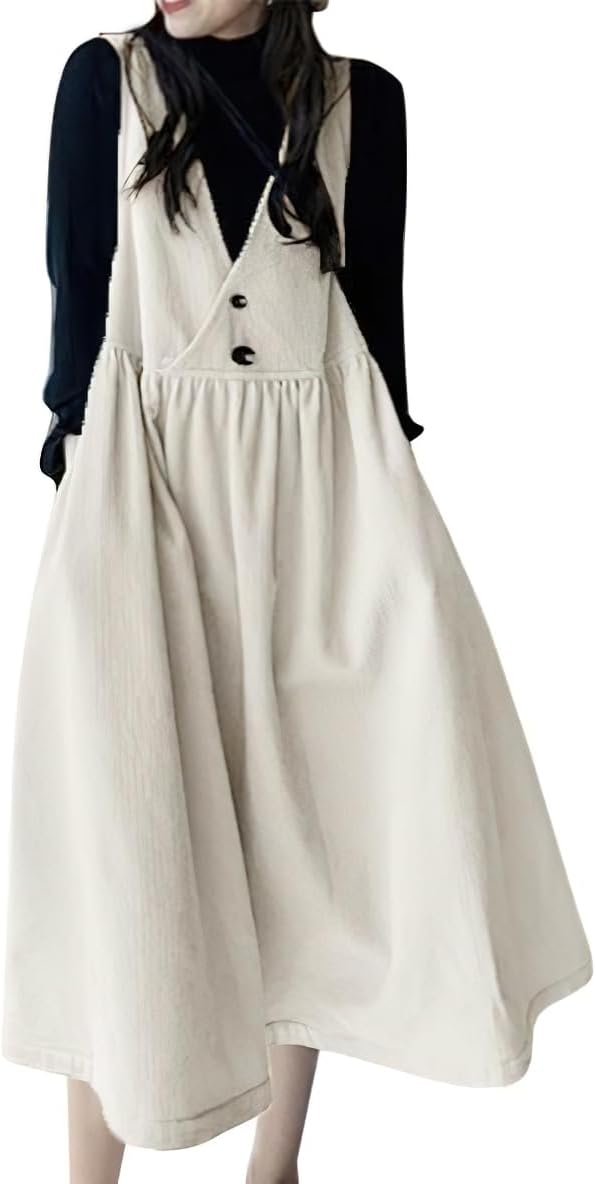 chouyatou Women's Elegant Sleeveless Corduroy Jumper Dress Flare Midi Long Overall Dress with Pockets