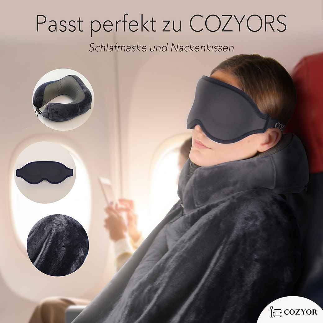 Cozyor Kit de Voyage 4 pièces : Coussin de Nuque + Masque de Sommeil + Oreiller de Voyage & Couverture de Voyage 2 en 1 + Bouchons d'oreille, avec Clip de Sac à Dos et Fixation pour Valise