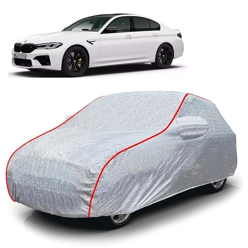 Image of Sulfar 100% Waterproof Car Body Cover Compatible with Mirror for BMW M5 (Triple Stitched, Full Bottom Elastic, Magic Silver with Red Piping)