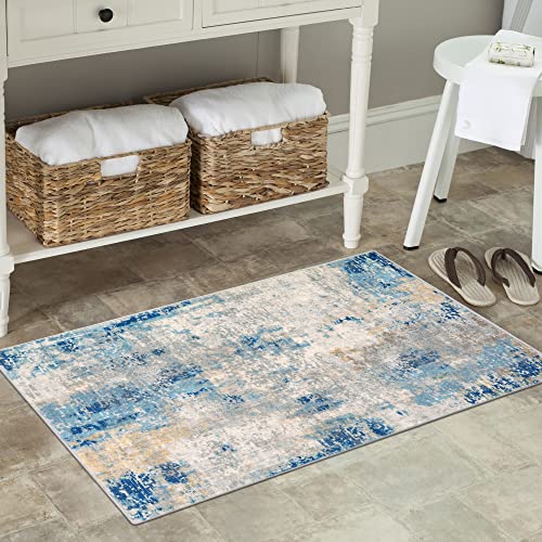 Lahome Modern Abstract Area Rug - 2X3 Washable Small Front Door Rug For Entryway Mat Contemporary Faux Wool Non-Slip Soft Floor Indoor Carpet For Living Room Kitchen Bathroom Rv,Blue/Yellow/Ivory #TOP6