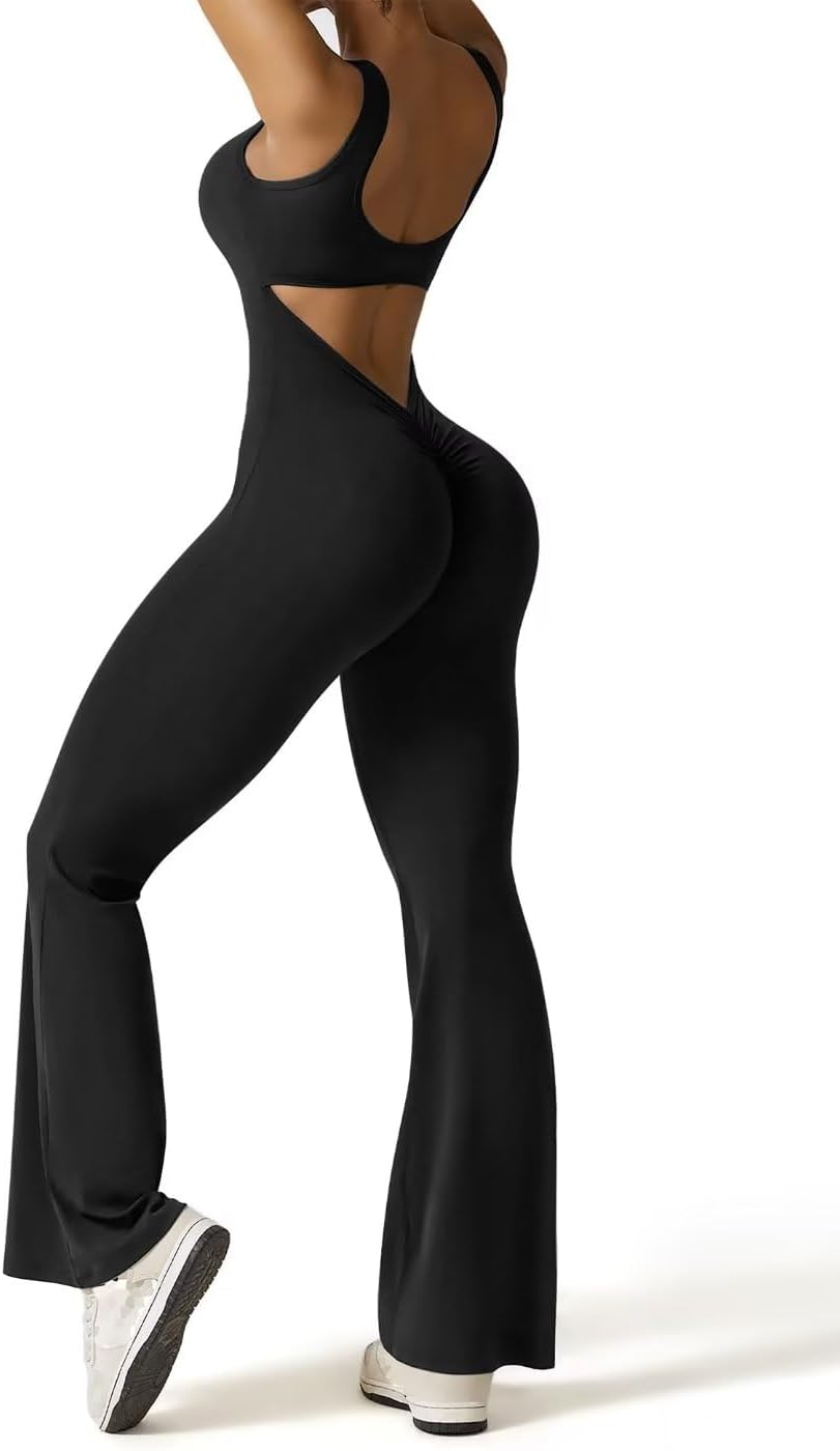 Vertvie Sleeveless Flare Jumpsuits for Women Sexy Backless Bodycon V Back Scrunch Butt Yoga Rompers Seamless Workout Bodysuit - Image 3