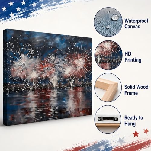 Image of Patriotic 4th of July Fireworks Framed Canvas Wall Art, Red White Blue City Night Skyline Painting, Independence Day Holiday Decor for Living Room, Bedroom, Kitchen and Home Decoration