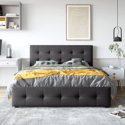 Merax Queen Size Linen Fabric Upholstered Platform Bed With 4 Storage Drawers And Classic Button Tufted Headboard, No Box Spring Needed, Dark Gray #TOP1