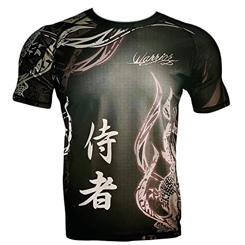 Men's Warrior Sublimated Rash Guard Samurai Short Sleeve Compression BJJ Athletic Jiu Jitsu Sports Black S,M,L,XL