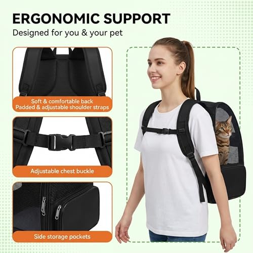 Image of MAK7 Cat Carrier Backpack | Breathable Mesh Design, Lightweight Travel Bag for Small Pets | Wide Strap, Foldable | Cat Bag Dog Carrying Bag | ThickHard Base |Pure Black|