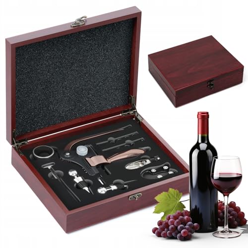 HNCY Set Apribottiglie Vino, 9 Pezzi Kit Sommelier Apribottiglie Vino Professionale, Cofanetto Regalo Legno Set Accessori da Vino, Regalo Perfetto per l'Appassionato di Vino, per Compleanno, Natale