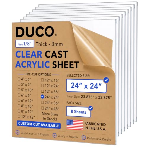 Duco 1/8" Clear Cast Acrylic Sheets, 24"x24" Plexiglass Sheets, 8 Pack