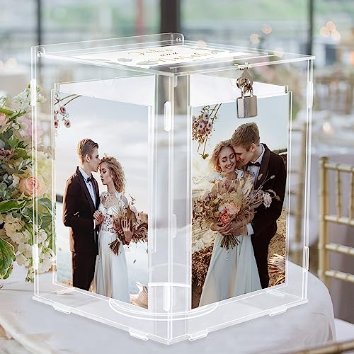 CYAOOI Acrylic Wedding Card Box with Picture Frame, Clear Gift Card Box for Wedding Reception, Large Rotatable Money Envelope Card Box Holder with Lock for Graduation Party Birthday Baby Shower