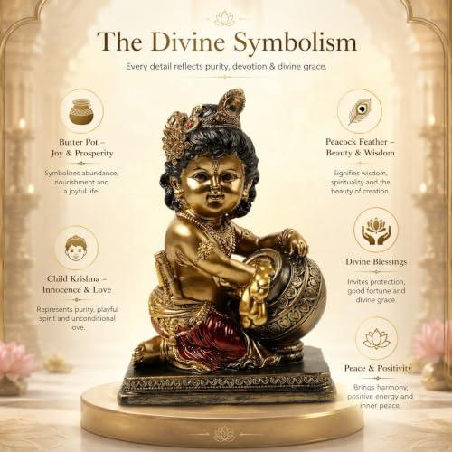 Image of ARMONIA Krishna Makhan Chor Idol - 8.2 Inch Ploystone Kanha Ji Murti with Antique Finish | Statue for Home Decor, Living Room & Pooja Mandir | Office Desk Showpiece |Gift for Wedding & Housewarming