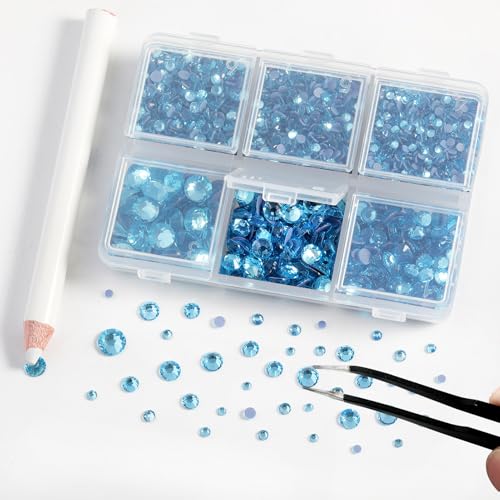 Image of BEADSLAND Hotfix Rhinestones, 4000 PCS Blue Rhinestones for Clothes Crafts Mixed 6 Sizes with Wax Pencil and Tweezers Kit, SS6-SS30, Aquamarine