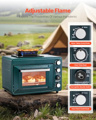 Image of VEVOR Outdoor Camping Oven, 2-in-1 Portable Gas Camping Stove Oven Combo, Adjustable Fire, 60-Minute Timer, Windproof, for Camping Backyard Picnic Outdoor Cooking, Universal Butane Canister Compatible
