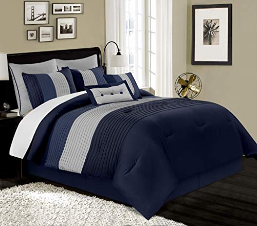 Chezmoi Collection Loft 8-Piece Luxury Striped Comforter Set (Queen Navy/Gray/Blue)