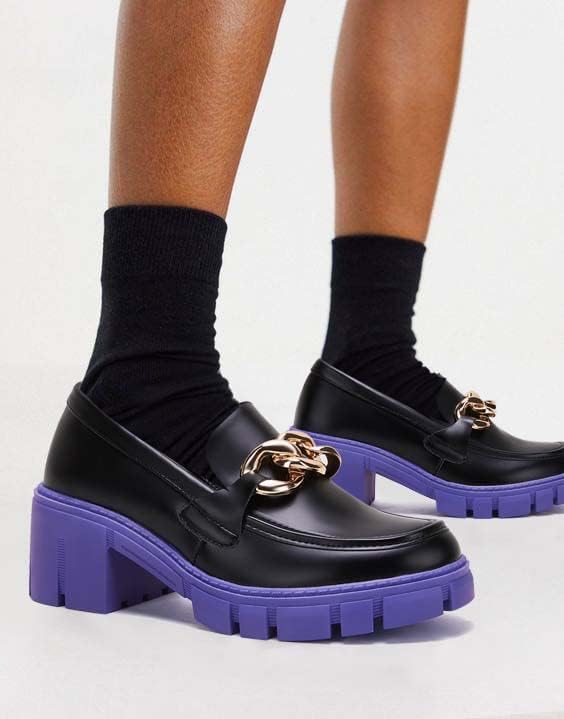 TINSTREE Platform Loafers for Women with Chain Comfort Chunky Heel Slip On Round Toe Business Work Shoes