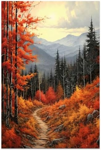 Forest Wall Art Modern Canvas Print Red Maple Trees Painting Autu...