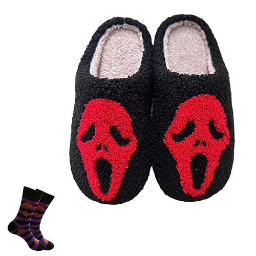 WIWIDANG Chinelos de rosto fantasma, chinelos de Halloween, sandálias assustadoras para mulheres e homens, pantufas de caveira de Halloween, Vermelho