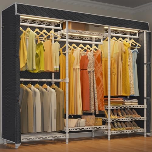 Image of VIPEK V5LC Garment Rack Heavy Duty Covered with Dimmable LED Light, 3000K Warm White, Portable Closet Wardrobe Freestanding for Hanging Clothes, with Black Cover
