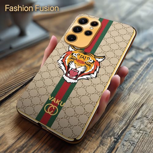 Image of Vaku Luxos Lynx Design Back Cover for Samsung Galaxy S23 Ultra with Leather Pattern Gold Electroplated Soft TPU Cover Shockproof Protective Case - Gold